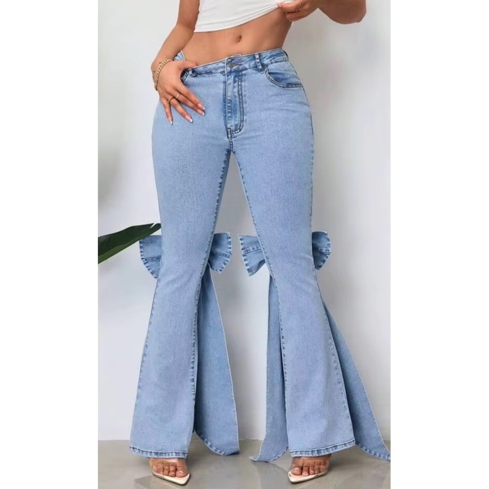 Casual Light Denim Flare Wide Leg Bow Jeans Coquette Feminine Boho Jeans XL - Picture 6 of 7